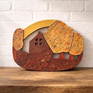 Vintage 1996 Signed Terracotta Folk Art Wall Plaque Studio Pottery Landscape